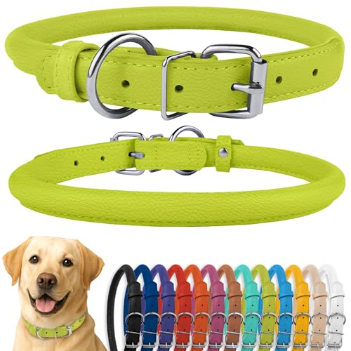 CollarDirect Hundehalsband aus gerolltem Leder, weich gepolstertes rundes Welpenhalsband, handgefertigtes Halsband aus echtem Leder für kleine und große Katzen, (16-18 Zoll, Lime Green Textured) von CollarDirect