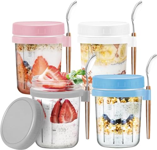 Collazoey 4 Stück Glas Müslibecher to go mit Deckel und Löffel, 400ml Haferbehälter, Overnight Oats Gläser, Salatbecher für Jogurt, porridge, cornflakes, muesli von Collazoey