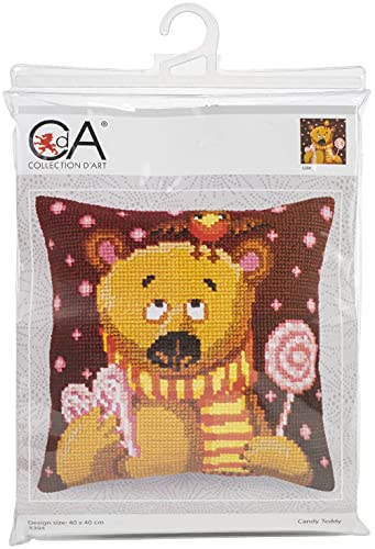 Collection d'Art 5394 Teddy mit Lutscher Kreuzstichkissen, Baumwolle, Mehrfarbig, 40x40cm von Collection D'Art