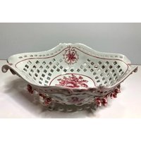 Antike Deutsche Handbemalte Und Transferware Rotes Blumenmotiv Dresdner Porzellanschale von CollectplusAccent