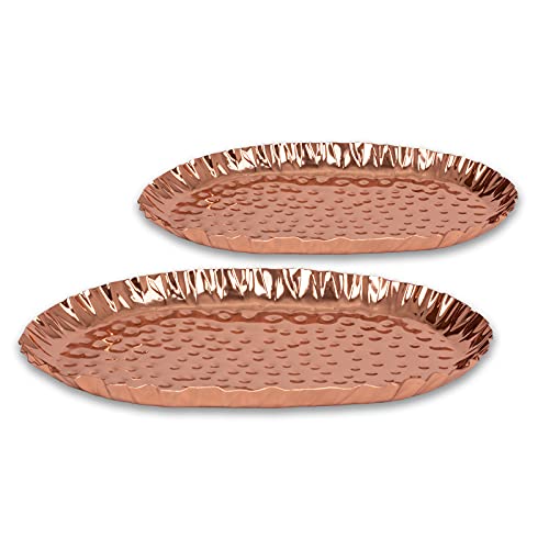 Colleta Home Hammered Tray - 2er Set, Servierplatte 40,6 x 20,3 cm, rechteckige Servierschale 30,5 x 15,2 cm, reines Kupfer, stapelbar - Nesting Trays (2 Pack Kupfer Oval) von Colleta Home