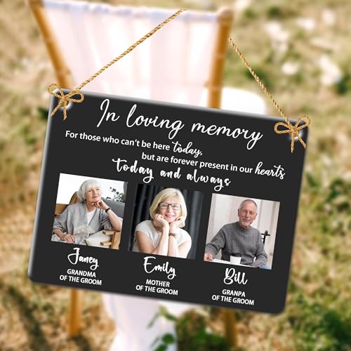 Schild mit Aufschrift "In Loving Memory for Those Who Can't Be Here Today But Are Forever Present in Our Hearts Today and Always", personalisiertes Namensfoto, Hochzeitsempfang, Stuhlschild, Loss of von Collienght