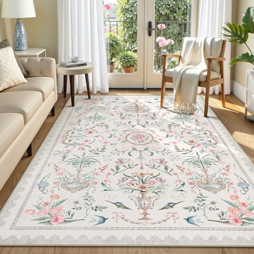 Collive Beigefarbene Teppiche für Mädchen-Schlafzimmer, 12,7 x 17,8 cm, Boho-Blumenmuster, waschbar, rutschfest, weich, ultradünn, Innendekoration, eleganter Teppich für Kinderzimmer, Wohnzimmer von Collive
