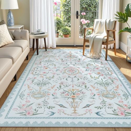 Collive Blaue Teppiche für Mädchenzimmer, 12,7 x 17,8 cm, Boho-Blumenmuster, waschbar, rutschfest, weich, ultradünn, Innendekoration, eleganter Teppich für Kinderzimmer, Wohnzimmer, Esszimmer von Collive