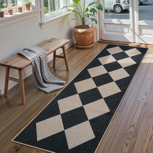 Collive Easy Jute karierter Läuferteppich, 6,3 x 20,3 cm, rutschfest, waschbar, Flurläufer für Eingangsbereich, modernes Schachbrett, Außentürmatte für Veranda, Terrasse, Inneneingang von Collive