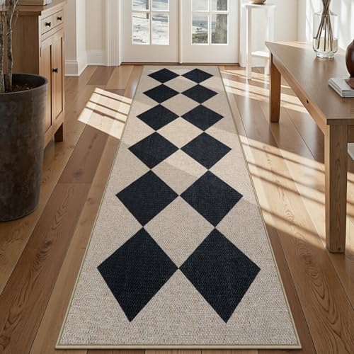Collive Jute-Läufer, kariert, 6,3 x 20,3 cm, schwarz, waschbar, Küchenteppich, Läufer für Flur, rutschfest, modern, geometrisch, Diamanten, für drinnen und draußen, Veranda, Teppich für Terrasse von Collive