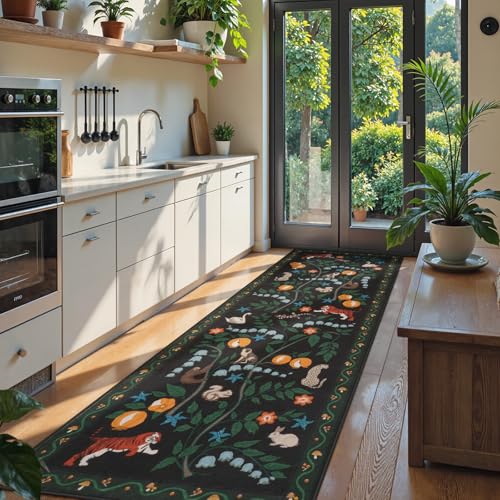 Collive Küchenläufer, rutschfest, 0,8 x 2,4 m, Dschungeltiere, waschbar, Teppichläufer für Flur, Badezimmer, weicher Schlafzimmerteppich, schwarz, ultradünne Innenmatten für Eingangsbereich von Collive