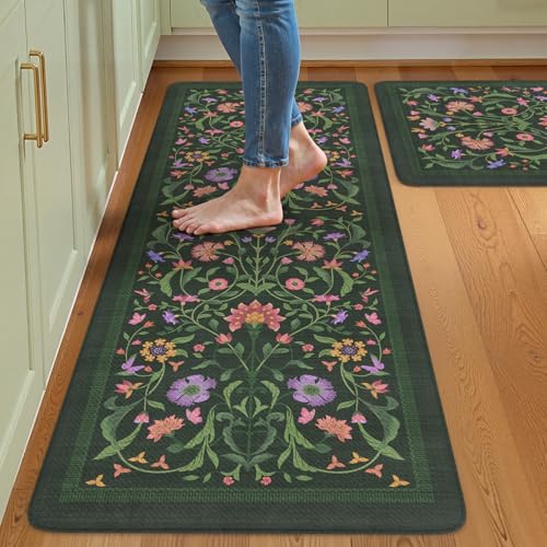 Collive Küchenteppich-Set, rutschfest, wasserdicht, Vintage-Stil, Blumenmuster, ergonomischer Komfort, Schreibtischteppiche für Küche, Boden, Waschbecken, 50,8 x 119,4 cm + 50,8 x 81,3 cm, Grün, 2 von Collive