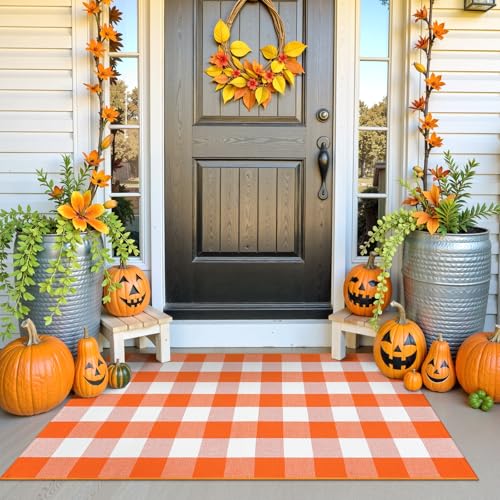 Collive Outdoor-Teppich, 7,6 x 12,7 cm, Büffelkariert, weiß und orange, Halloween-Dekor, Fußmatte, waschbar, für den Eingangsbereich, mehrlagige Willkommensmatte, Veranda, Baumwolle, für Collive Outdoor-Teppich, 7,6 x 12,7 cm, Büffelkariert, weiß und orange, Halloween-Dekor, Fußmatte, waschbar, für den Eingangsbereich, mehrlagige Willkommensmatte, Veranda, Baumwolle, für von Collive