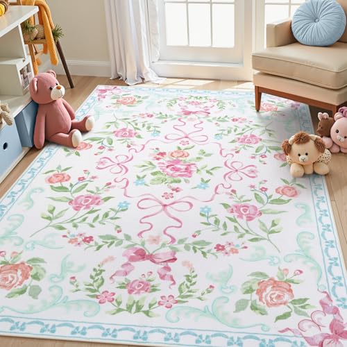 Collive Rosa und blaue florale Teppiche für Mädchen, Boho-Schleife, waschbar, für Wohnzimmer, niedlich, ultradünn, rutschfest, Innendekoration, Teppich für Kinderzimmer, Schlafzimmer, Spielzimmer Collive Rosa und blaue florale Teppiche für Mädchen, Boho-Schleife, waschbar, für Wohnzimmer, niedlich, ultradünn, rutschfest, Innendekoration, Teppich für Kinderzimmer, Schlafzimmer, Spielzimmer von Collive