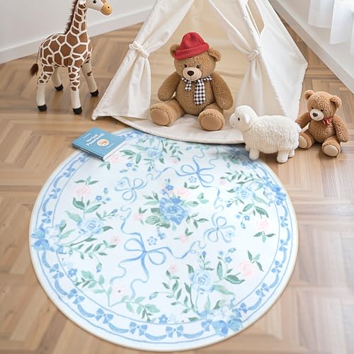 Collive Runde Teppiche mit blauer Schleife, 122 cm, Blumenmuster, waschbar, Kreisteppich für Schlafzimmer, niedlich, ultradünn, rutschfest, Innendekoration, Teppich für Kinderzimmer, Spielzimmer von Collive