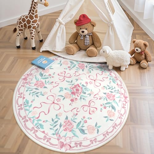 Collive Runde Teppiche mit rosa Schleife, 122 cm, Blumenmuster, waschbar, Kreisteppich für Schlafzimmer, niedlich, ultradünn, rutschfest, Innendekoration, Teppich für Kinderzimmer, Spielzimmer von Collive
