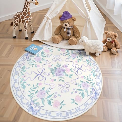 Collive Runde Teppiche mit violetter Schleife, 122 cm, Blumenmuster, waschbar, Kreisteppich für Schlafzimmer, niedlich, ultradünn, rutschfest, Innendekoration, Teppich für Kinderzimmer, Spielzimmer von Collive