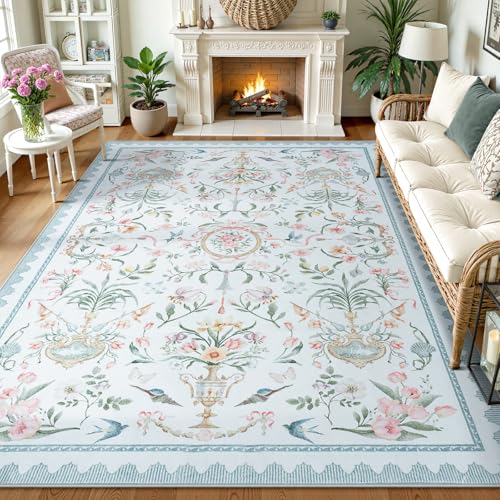 Collive Teppich für Wohnzimmer, Boho-Blau, klassisch, Blumenmuster, waschbar, rutschfest, weich, ultradünn, Innendekoration, eleganter Teppich für Mädchen, Schlafzimmer, Kinderzimmer, Esszimmer von Collive