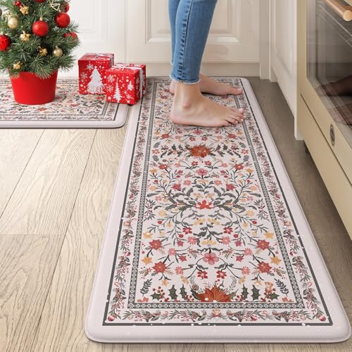 Collive Weihnachtliche Küchenmatten für den Boden, gepolsterte Anti-Ermüdungsmatte, rutschfest, wasserdicht, Küchenspüle, Teppich-Set, 2er-Set, weihnachtliches Blumenmuster, bequem, Stehtischteppich Collive Weihnachtliche Küchenmatten für den Boden, gepolsterte Anti-Ermüdungsmatte, rutschfest, wasserdicht, Küchenspüle, Teppich-Set, 2er-Set, weihnachtliches Blumenmuster, bequem, Stehtischteppich von Collive