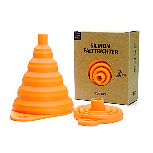 Collory Silikon-Trichter Satz faltbar (2 Stück) für Küche und Haushalt | Einfüllhilfe Set | Hitzebeständig -30°C - +230°C | Lebensmittelecht | Zusammenklappbar | 2er-Set: Orange (groß+klein) von Collory