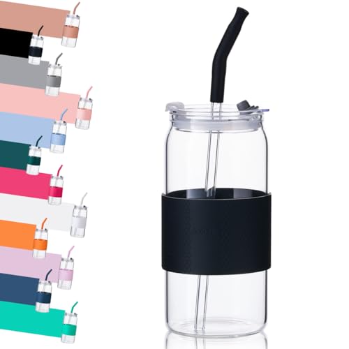 ColoVie 590 ml Becher mit 3-in-1-Deckel und Glasstrohhalmen (extra Silikonspitzen), schwarze Silikon-Schutzhülle, Eiskaffeetasse, Reise-Wasserflasche, Limonaden-Bierdosen-Formbecher, heißer Tee von ColoVie