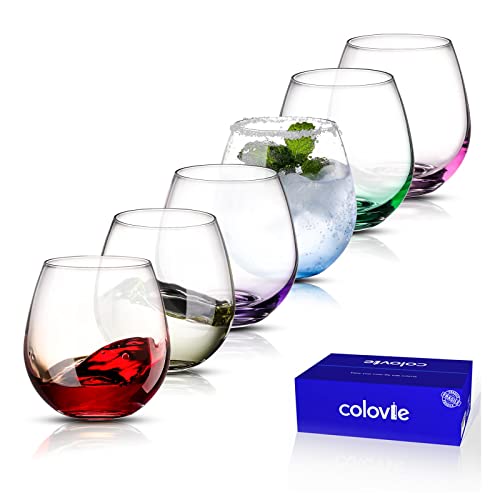 ColoVie Farbige Weingläser Set von 6, stiellose Weingläser, groß, 425 ml, buntes kurzes Glas, Weingläser, Rotweingläser, Weißweingläser, Kristall-Trinkgläser von ColoVie