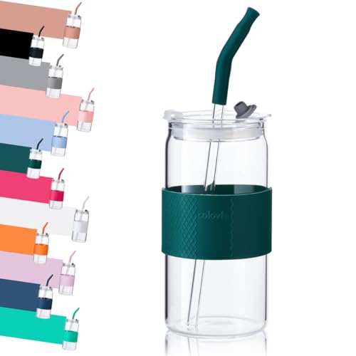 ColoVie Glasbecher mit 3-in-1-Deckel und Glasstrohhalmen (extra Silikonspitzen), Silikon-Schutzhülle, Eiskaffeetasse, Reise-Wasserflasche, Soda-Bierdosen-förmige Tassen, heißer Tea-Sequoia-Grün, 473 von ColoVie