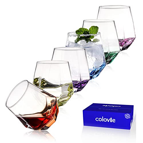 ColoVie Weingläser ohne Stiel, farbige Weingläser, diamantförmig, einzigartig, bunt, 284 ml. Rotweingläser, Cocktail. Gefrierschrank- und spülmaschinenfest. Sichere Geschenkverpackung, 6 Stück von ColoVie