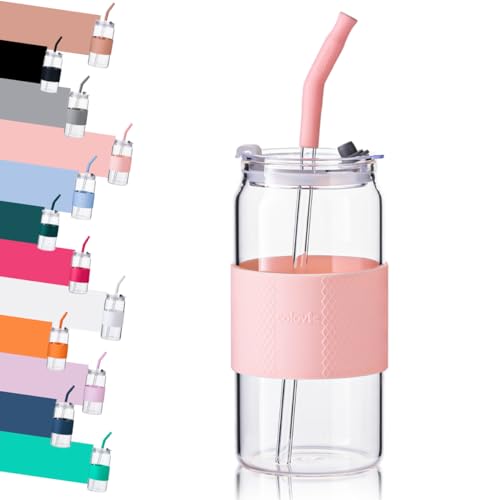 Colovie 590 ml, 1xGlasbecher mit 3-in-1-Deckel, keine Schweiß-Silikonhülle, Eiskaffeetasse, wiederverwendbar, Reise-Wasserflasche, breite Öffnung, Soda-Dosenform, heiße Tee-Kreide rosa von ColoVie