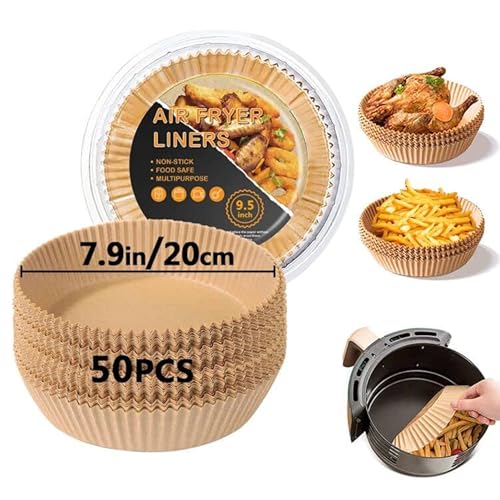 Backpapier Airfryer, Luftfritteuse Pergamentpapier 20cm Rund, Antihaft-Einweg Heißluftfritteuse Pergamentpapier Liner für HeißLuftfritteuse, Bratpfanne, Ofen und Mikrowelle (50 Stück) von ColoZee