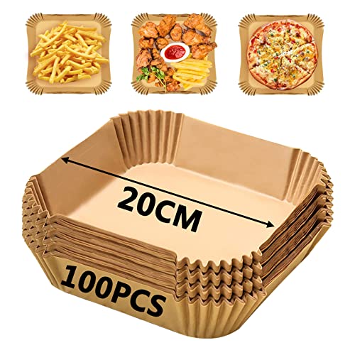 Backpapier für Heißluftfritteuse Quadrat, 20cm Backpapier Airfryer 100 Stück Luftfritteuse Pergamentpapier, Antihaft-Einweg Heißluftfritteuse Pergamentpapier für Bratpfanne, Ofen, Mikrowelle von ColoZee