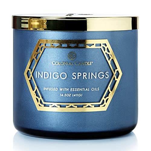 Colonial Candle 3-Docht Duftkerze im Glas mit Deckel - Indigo Springs (411g) - Der Weiche Beruhigende Duft für dein Zuhause - Duftkerze mit bis zu 60h Brenndauer - Sojawachsmischung von Colonial Candle
