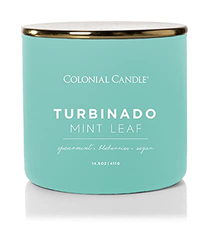 Colonial Candle Duftkerze im Glas mit Deckel | Turbinado Mint Leaf | Duftkerze Minze | Kerze 3 Docht | Kerzen lange Brenndauer bis zu 60h | Kerzen Blau (411g) von Colonial Candle