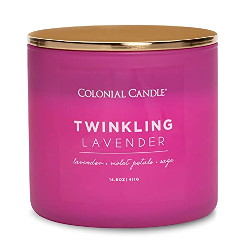 Colonial Candle Duftkerze im Glas mit Deckel | Twinkling Lavender | Duftkerze Lavendel | Kerze 3 Docht | Kerzen lange Brenndauer bis zu 60h | Lila Kerzen (411g) von Colonial Candle