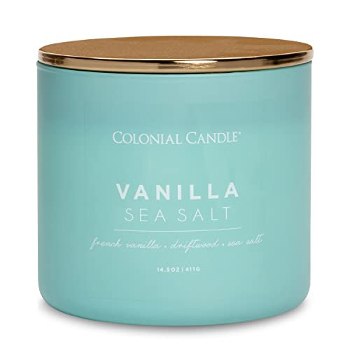 Colonial Candle Duftkerze im Glas mit Deckel | Vanilla Sea Salt | Duftkerze Vanille | Kerze 3 Docht | Kerzen lange Brenndauer bis zu 60h | Kerzen Blau (411g) von Colonial Candle
