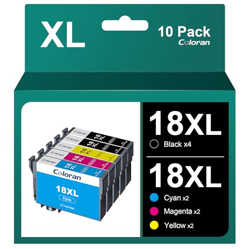 Coloran 18XL Multipack Druckerpatronen kompatible für Epson 18XL für Epson XP-305 XP-215 XP-225 XP-412 XP-422（10er-Pack，4Schwarz 2Cyan 2Magenta 2Gelb） von Coloran