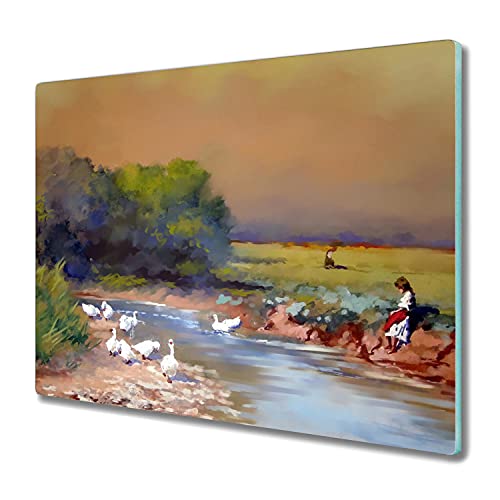 Coloray 60x52cm Hackbrett Küchenbrett Kochplattenabdeckung Schneidebrett Herdabdeckplatte - Malerei Gänse Dorfbewohner von Coloray