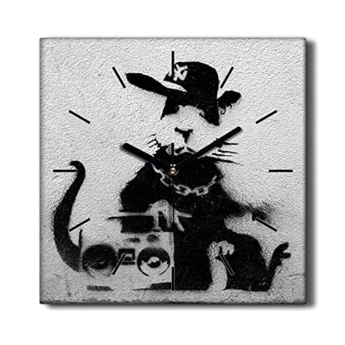 Coloray Uhr auf Leinwand 30x30cm Wand Uhr Ohne tickendes Geräusch Dekoration Wohnzimmer Segeltuch - Banksy Ratte in der Haube von Coloray