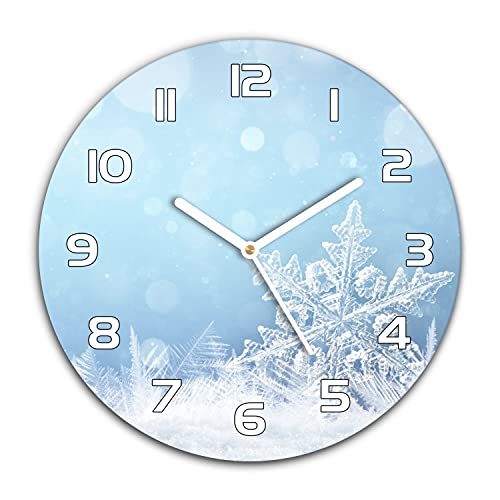 Coloray Weihnachten Wanduhr ⌀ 30 cm Runde Wandkunst Bild Glas Uhr Gehärtetem Glas Küche Wohnzimmer - Weiße Uhrzeiger - Echtglas - Weihnachten Schneeflocken Winter Schnee von Coloray