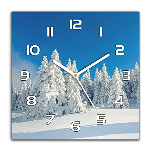 Coloray Weihnachten Wanduhr 30x30 cm Quadrat Wandkunst Bild Glas Uhr Gehärtetem Glas Echtglas Küche Wohnzimmer - Weiße Uhrzeiger - Winter schneebedeckten Baum Weihnachtstag von Coloray