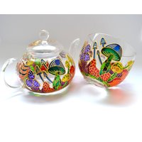 Pilz Tee-Set Handbemalte Teekanne Mit Infuser Glas Teetasse von ColoredGlassShop