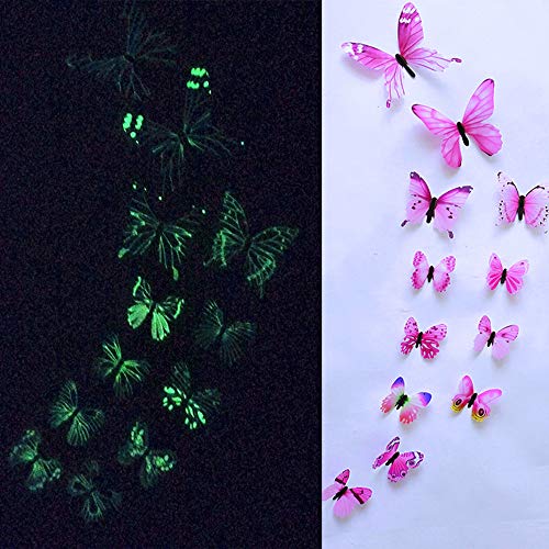 Colorful 12er-Set 3D Schmetterling Aufkleber Leuchten im Dunkeln Wandsticker Wandtattoo Wanddeko für Wohnung, Raumdekoration (Rosa) von Colorful Home Deco