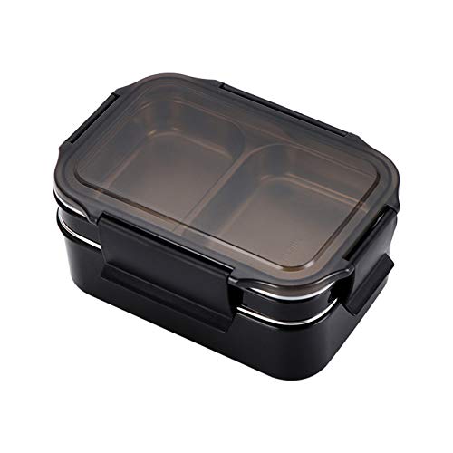 Edelstahl Brotdose 1000ml, Lunchbox mit Fächern, 2 Fach Bento Box Brotbox Vesperdose Frischhaltedose für Kinder Erwachsene Schule Freizeit Camping (Schwarz) von Colorful Home Tool