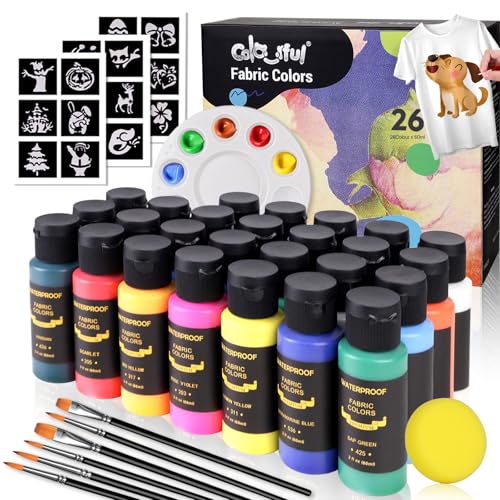 Colorful Fabric Paint Set with 6 Brushes, 1 Palette, 26 Colors 60ml Waterproof Permanent Textile Painting Kit for Adults to Arts on Clothes, Shoes, and Canvases von Colorful