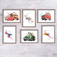 Flugzeuge Druck 6Er Set Und Autos Wanddekoration Plakat Cars Aquarell Kunst V413 von ColorfulPoster