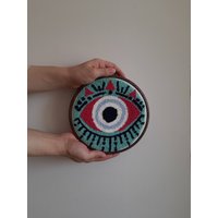 Evil Eye Hand Gefilzte Lochnadel Wandbehang, Aqua Grün, Rosa Farbe Dekor, Wandbehang von ColorfulYarnStory