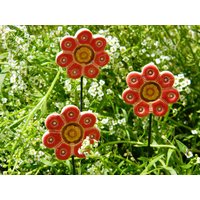 Keramik Blumen Gartenstecker - Rotes Dekor, 3Er Set von ColorofceramicJuliaD