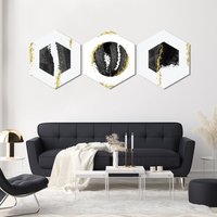 Sechseck Leinwandbild - 3Er Set Leinwanddruck Abstraktes Schwarz Weiß Leinwandbild Hexagon Hang Gemälde Home Decor von ColorsOFLifeHomeArt