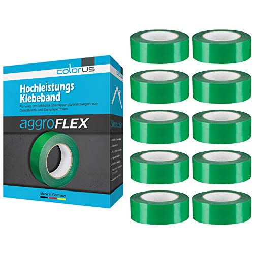 10 x Colorus Dampfsperrfolie 50 mm x 25 m | Folienklebeband für Dampfbremse | Dampfsperrklebeband aggressiv klebend | Dampfbremsfolie für luftdichte Verklebungen | Dampfsperre Klebeband | Dachausbau von Colorus