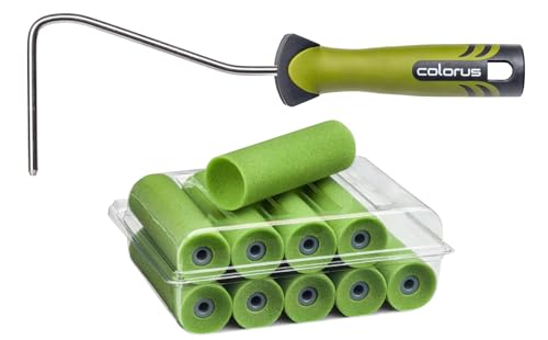 10 x Colorus Lackroller Set Lackierwalze Performance Star 11cm superfein | Lackierrolle beidseitig konkav | Schaumwalzen für wasserbasierte Lacke | Schaumstoff Rollen konkav mit 2K Edelstahl Bügel von Colorus