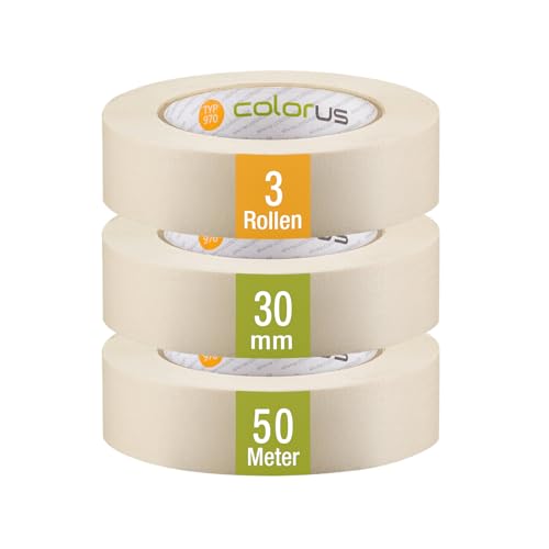 Colorus 3 x Premium Malerkrepp 30mm x 50m | Kreppband Malerband Set Klebeband | sehr robust, hohe Klebekraft | Maler Krepp Abklebeband Abdeckband Klebeband zum Streichen von Colorus