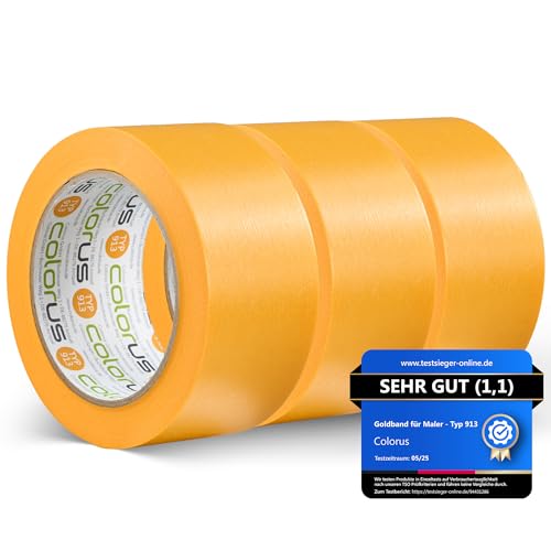 3 x Colorus Profi Maler-Goldband Soft Tape | Maler Abklebeband 50 mm x 50 m UV beständig | Klebeband für gestochen scharfe Farbkante | Lackierband Lackier-Klebeband Lack-Abdeckband von Colorus