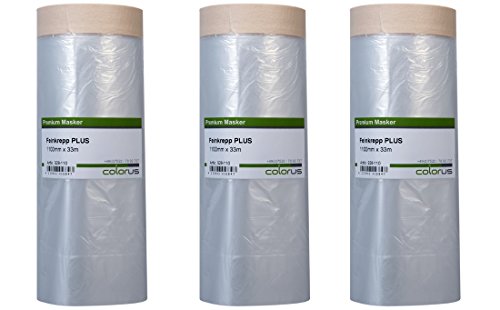 Colorus Masker Tape PLUS – 3 Rollen 110 cm x 33 m – Abdeckfolie mit Feinkrepp Klebeband | HDPE Folie selbsthaftend | Malerband für großflächiges Abkleben Colorus Masker Tape PLUS – 3 Rollen 110 cm x 33 m – Abdeckfolie mit Feinkrepp Klebeband | HDPE Folie selbsthaftend | Malerband für großflächiges Abkleben von Colorus