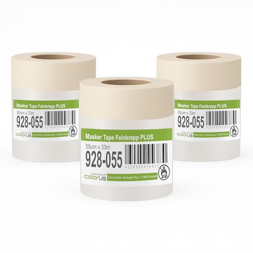 Colorus Masker Tape PLUS – 3 Rollen 55 cm x 33 m – Maler Abdeckfolie mit Feinkrepp Klebeband | HDPE Folie selbsthaftend | Malerband Innenbereich von Colorus